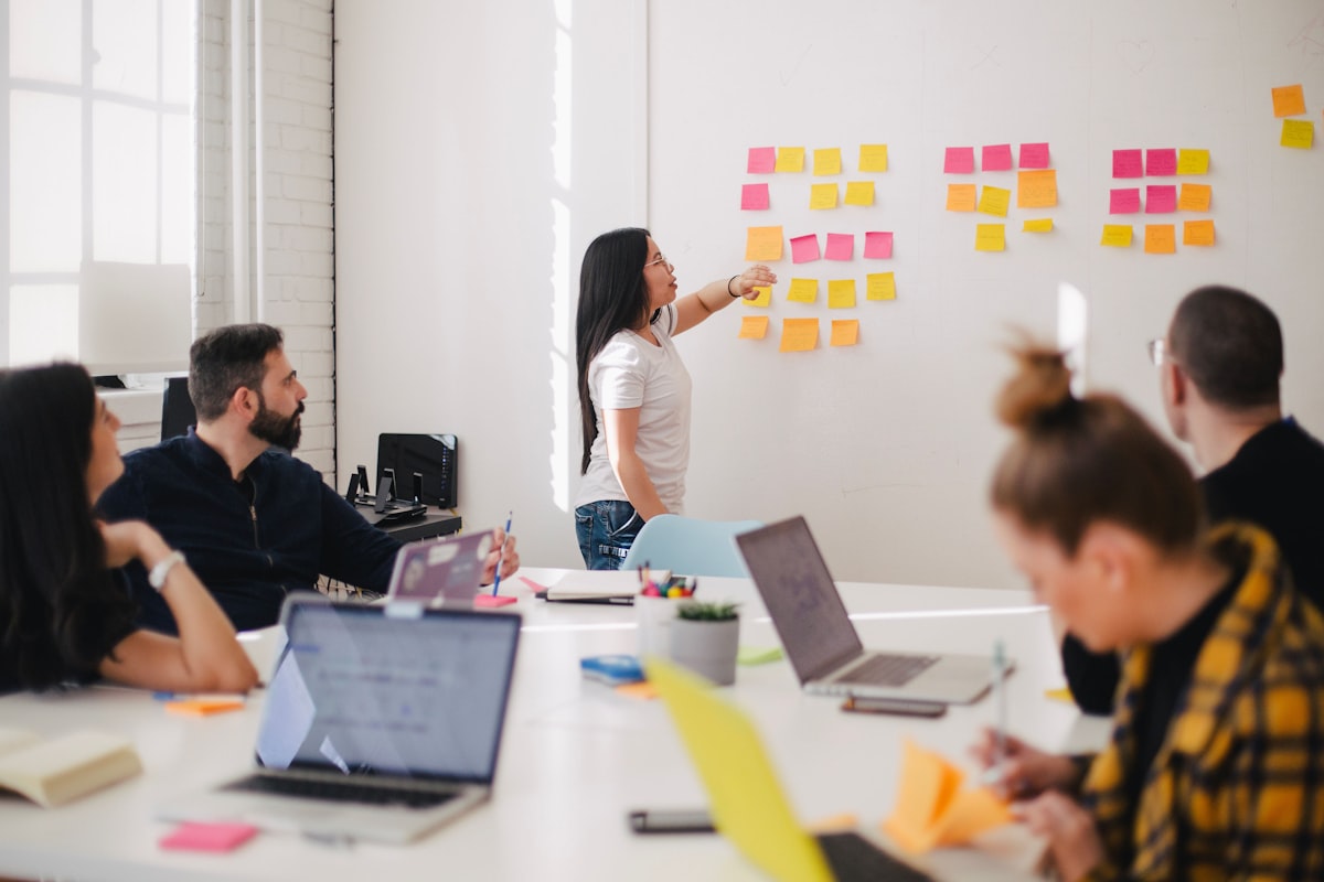 Business team planning a marketing strategy around a workspace table